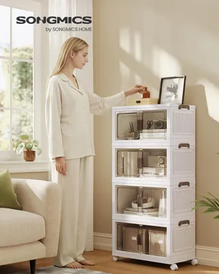 Obrázek produktu pro SONGMICS organizér na kolečkách, 4 patra, boxy s víkem, z plastu, stohovatelné, 220 l, bílý