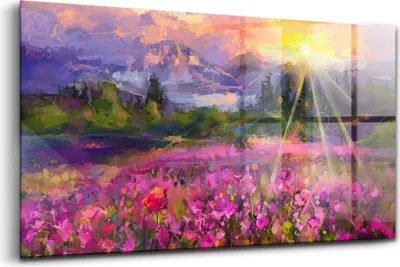 Produktbild von Wandmalerei auf Glas- Wanddekoration aus Glas - 120x60 - Wiese bei Sonnenuntergang