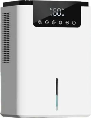 A white dehumidifier with a digital display and water level indicator.