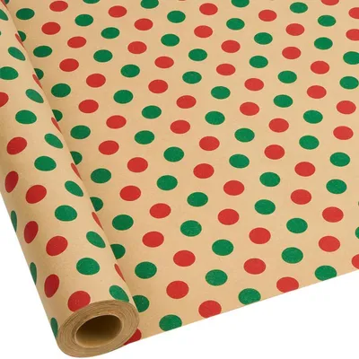 Obrázek produktu pro Dárkový papír, kraftový, červeno-zelený puntík, rozměry 43 cm x 15 m, recyklovatelný