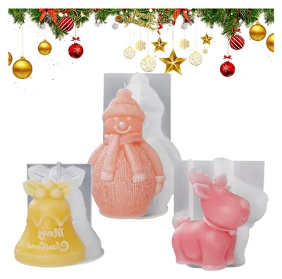 Produktbild von 3 Stück 3D Silikonform Weihnachten, Silikonform Weihnachten Kerzen Set, 3D Schneemann, Hirsch, Glocke, Weihnachtskerzenbecher Formen zur Herstellung von Kerzenständern