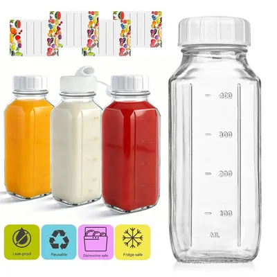 Produktbild von 4 Stück 500ml Glas Saftflaschen Quadratische Weithals-Milchflaschen Glasflaschen