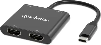 Produktbild von MANHATTAN USB-C auf Dual-Monitor-Adapter zwei HDMI bis 4K60Hz USB-A 480 Mbit/s und USB Power Delivery 100W Ports Aluminium schwarz