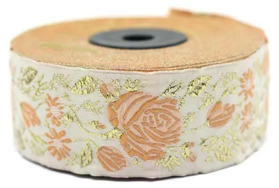 Produktbild von Jacquard-Webband – Farbe: Hellrosa, Metallic-Gold – 10 Meter x 35 mm