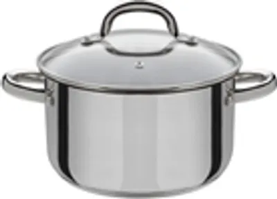 A stainless steel pot with a glass lid and handles, shown from the front.