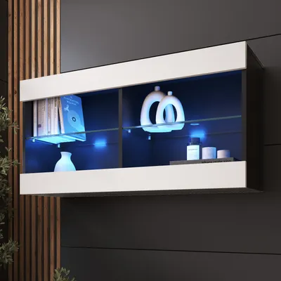 Produktbild von Komodee, Hängende Vitrine Schrank Tivoli, Weiß/Schwarz, Breite 100cm x Höhe 50cm x Tiefe 29cm, LED Blau, 2 Regalböden, für Wohnzimmer, Schlafzimmer, Eingang