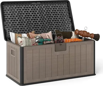 Produktbild von 378 L Gartenbox, Auflagenbox wasserdicht, Aufbewahrungsbox mit abschließbarem Deckel & Griff, Kissenbox für Garten, Gartentruhe für Terrasse, Poolzubehör & Gartengeräte (Schwarz+Braun)