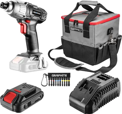 Produktbild von GRAPHITE Energy kit +: 18V Akkuschrauber, Li-Ion, 0-2200 U/min, rechts/links, 180 Nm Drehmoment, 6,35mm (1/4") Werkzeugaufnahme, Spindelbremse, (LxH) 185 x 225mm, Gewicht 1,2kg, 2.0Ah Akku, Ladegerät, Werkzeugtasche: Maße 25 x 25 x 25cm, 12l, Polyester, Schlagbits: 10Stk, Griff 1/4" PH1/2/3, PZ1/2/3, TX25/27/30/40