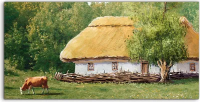 Produktbild von Coloray - Glasbild - 120x60 cm - Wandbild - Glasbilder - Foto Kunstdruck Hütte Kuh Gras Baum Wald