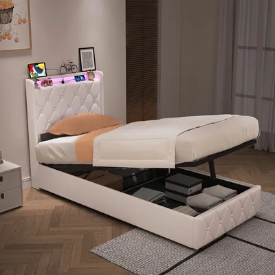 Image de Lit UnboxG 90x200 cm avec LED et ports USB, lit avec rangement et tête de lit relevable, lit à lattes avec système hydraulique, revêtement en velours, couleur beige