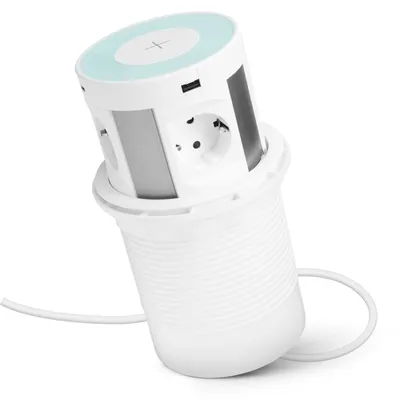 Produktbild von DELIGHT – Einbau-Pop-Up-Tischsteckdosenleiste mit 2x USB-A / 4 Steckdosen / kabelloser Ladepunkt QI / 2x USB-C – Weiß – Geringe Einbautiefe