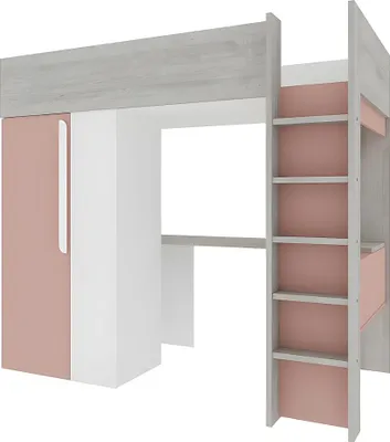 Produktbild von Hochbett mit Schreibtisch & Kleiderschrank - 90 x 200 cm - Rosa & Weiß - NICOLAS