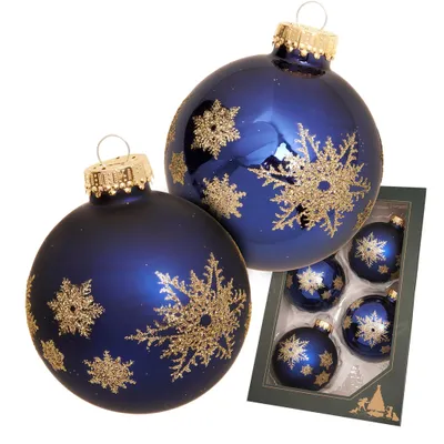 Produktbild von Krebs Glas Lauscha Weihnachtskugeln 4er Set - Blau mit goldenen Schneeflocken - aus Glas - ca. 7 cm