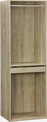 A modular wardrobe set with a hanging rail and a drawer, made of wood-effect material.