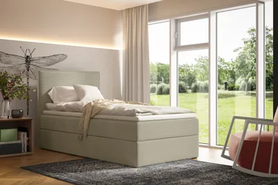 Produktbild von Boxspringbett 100x200cm POSSO von ANTONIO mit Bettkästen und Topperr, Einzelbett mit Bonell Federkernmatratze, Härtegrad H4, Jugendbett, Bezug - Cord in Hellbeige