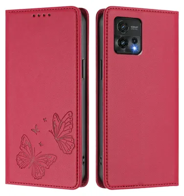 Produktbild von Lederhülle für Motorola Moto G72, Schmetterling Prägung Leder Brieftasche Schutzhülle mit Ständer Rot