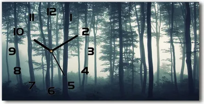 Produktbild von Wanduhr aus Glas – 60x30 cm - Glasbild - Glasuhr - Gehärtetes Glas - schwarze-zeiger - Wald im Nebel