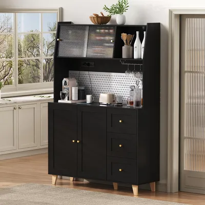 Image de OKWISH Buffet Haut - Armoire de Rangement avec 3 Tiroirs et Porte-Verres, Panneau Perforé en MDF - Noir, 120x40x184 cm