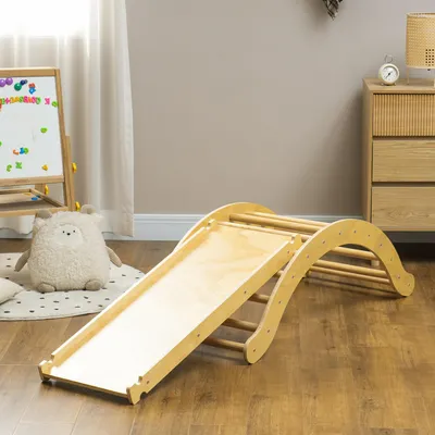 Produktbild von SUGIFT Kinder-Kletterset 4-in-1 Holz, Bogenbrücke, Schaukelwippe, Rutschrampe, Kiefernholz Naturholz | 168 x 49,5 x 39,5 cm | bis 50 kg | 18–48 Monate