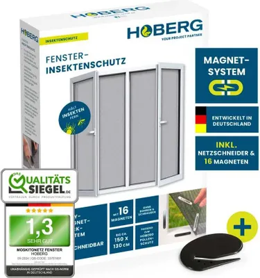 Produktbild von Hoberg Fliegengitter für Fenster mit Magnetbefestigung Moskitonetz zuschneidbar bis 150 x 130 cm Einfache Montage Insektenschutz ohne Bohren, Schrauben