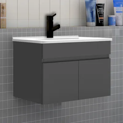Produktbild von Badezimmer Badmöbel 60 cm Dünn Keramik Waschtisch mit Unterschrank Hängeschrank Badezimmerschränke Badschrank mit 2 Türen Anthrazit