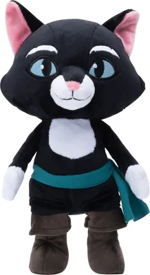 A plush toy of a black cat character, dressed in a pirate-like outfit.