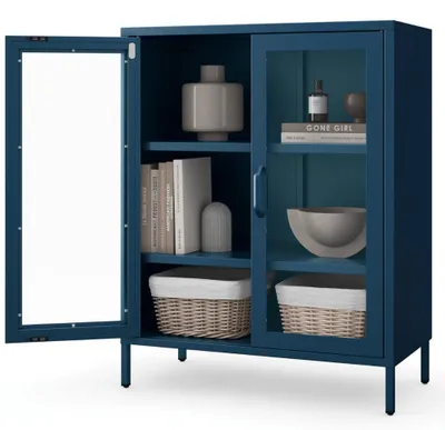 Produktbild von Vitrinenschrank Wohnzimmer klein GINA 3 Ebenen Metall | Glasvitrine Bücherschrank Büroschrank Aktenschrank mit Glasfenster Metallschrank 101,5x80x40cm Dunkelblau