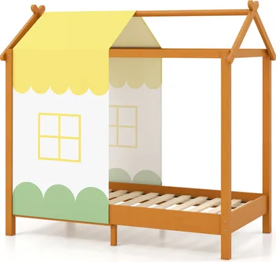 Zdjęcie produktu dla Łóżko dziecięce COSTWAY house ze zdejmowanym baldachimem i ramą z listew, drewniane łóżko dla dzieci 70x140cm