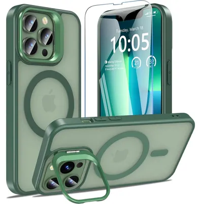 Image de Coque de protection pour iPhone 13 Pro avec support, compatible MagSafe, finition mate, couleur verte, incluant une protection en verre trempé