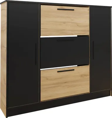 Produktbild von KIER FURNITURE Schuhschrank, Eiche Craft Gold + Schwarz, 124,7x137,2x24,1 cm, Modell SZNB02D, Spanplatten, PVC-Furnier, Klappmechanismus, Wandbefestigung, 3 klappbare Fronten, Sockel mattschwarz