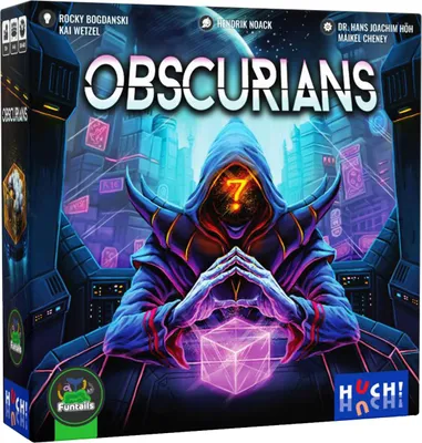 The image shows the retail box of the board game Obscurians, featuring a hooded figure holding a glowing cube.