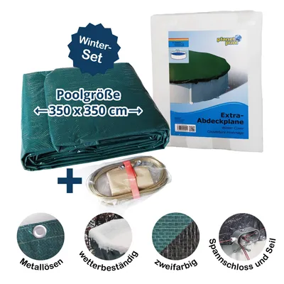 A product image showing a folded green pool cover and packaging for another pool cover, along with accessory items and feature callouts.