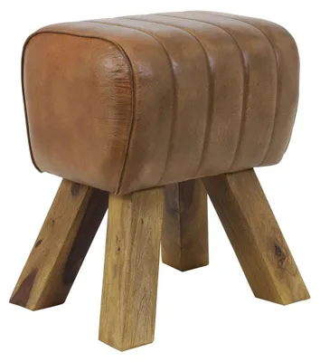 Immagine prodotto di Sgabello RAMY in legno e pelle marrone – 40x31x46 cm