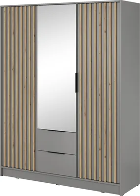 Produktbild von Kleiderschrank mit Spiegel 150 cm Fioro - Schrank vom Hersteller, Schlafzimmerschrank - Drehtürenschrank mit Lamellen, 3 Tür (Grau)