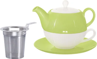 Produktbild von Buchensee Tea for one Set / Teeset Lena, Teekanne 500ml mit Sieb, Teetasse und Untertasse, grün, Crystal Bone China Porzellan