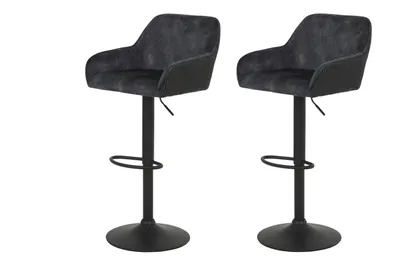 Two dark grey bar stools are shown against a white background.