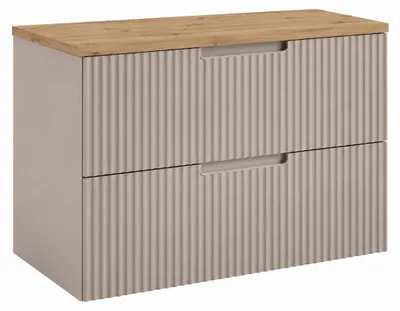 Produktbild von Badezimmerschrank hängend 80 mit Schubladen, Korpus in Kaschmir + Platte in Eiche Craft, mit Griffen, 80 x 46 x 58,6 cm, KI-generiertes Bild