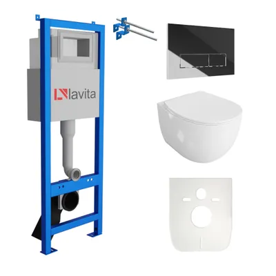 Produktbild von Lavita LAV 101 Vorwandelement für WC 40cm + Wand Hänge Tiefspül WC MONDO Weiß Spülrandlos + Bedienplatte LAV 200.3.2 Verchromt | Komplettset | Unterputz Spülkasten | Toilette Komplett Sett
