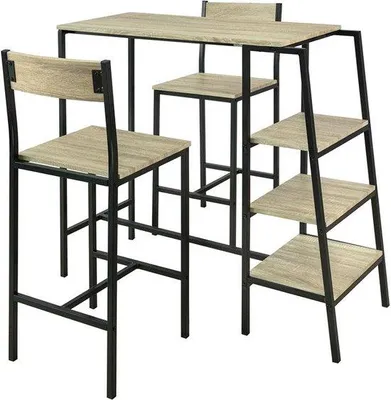 Produktbild von Famanu Bartisch-Set mit zwei Hockern - MDF-Furnierplatte, Metallrahmen, Stauraum - 110 cm x 100 cm x 45 cm