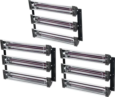 Three sets of infrared heat lamps mounted on black brackets against a white background.