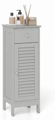 Image de Armoire de salle de bain COSTWAY avec tiroir, meuble de salle de bain autoportant et étroit avec étagère réglable et système de sécurité anti-basculement, meuble de rangement en bois de 32x30x88 cm, couleur grise