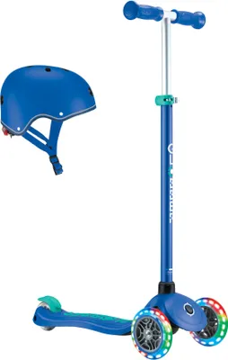 Produktbild von GLOBBER PRIMO PLUS LIGHTS – Tretroller und Helm Kinder, 120/80 mm, 3-rädrig, höhenverstellbar, LED-Leuchtrollen, blau