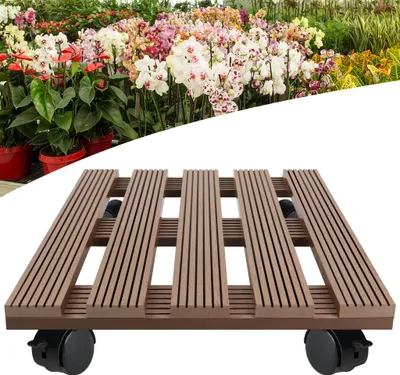 Obrázok produktu pre TRMLBE WPC Rolling Board Plants Square Plant Roller Outdoor Flowerpot Trivet so 4 kolieskami - nosnosť do 100 kg, hnedá