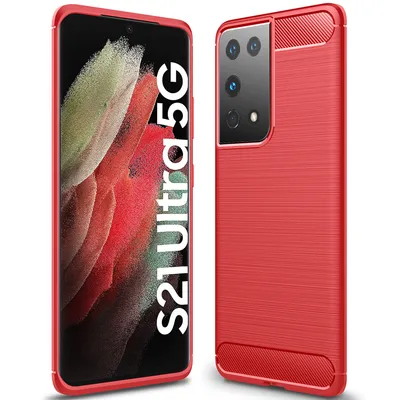 Immagine prodotto di Custodia per Samsung Galaxy S21 Ultra 5G, fibra di carbonio, custodia protettiva in silicone TPU antiurto rosso