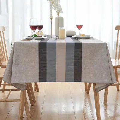 Productafbeelding van Ronde tafelkleed, linnenlook, 140x140 cm, beige met strepen, afwasbaar, geschikt voor buiten, landelijke stijl