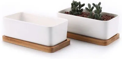 Produktbild von Famanu Blumentopf Set 2er - Rechteckige Keramik - Innen - Kleiner Kaktus Topf - Weiß mit Bambus Untersetzer - Dekoratives Geschenk für Sukkulenten