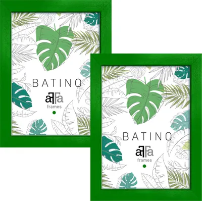 Two green picture frames are displayed side-by-side against a white background, showcasing a tropical leaf pattern within each frame.