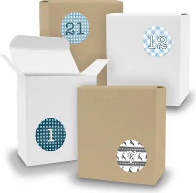 Produktbild von Adventskalender zum Füllen 24x Quader gemischt WEISS BRAUN + Sticker V09 Z05