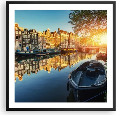 Produktbild von Gerahmtes Poster - Schwarzer Rahmen - Kanal Boot Amsterdam Wasser - 60x60 cm - Wand Bild - Wanddeko - Wandbilder - Wandposter - Bilderrahmen - Bilder - Kunstdruck - Wandbild - P2BAC60x60-2857