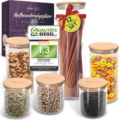 A collection of glass storage jars filled with various food items, presented with marketing seals and packaging.